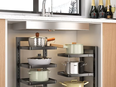 Multi Layer Storage Rack Holds Various Pots In Kitchen Cabinet 3d model