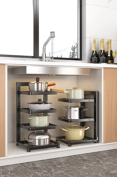 Multi Layer Storage Rack Holds Various Pots In Kitchen Cabinet 3d model