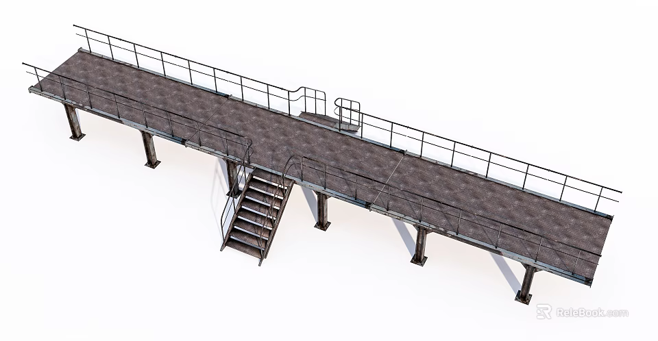 Industrial Metal Bridge With Walkway Railings Staircase And Support Columns 3d model 