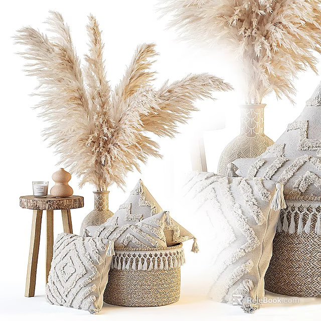 Bohemian Style Decorative Ornament Set with Pampas Grass Vases Woven Pillows and Tassel Baskets 3d model 