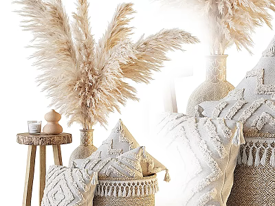 Bohemian Style Decorative Ornament Set with Pampas Grass Vases Woven Pillows and Tassel Baskets 3d model