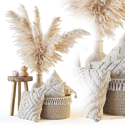 Bohemian Style Decorative Ornament Set with Pampas Grass Vases Woven Pillows and Tassel Baskets 3d model