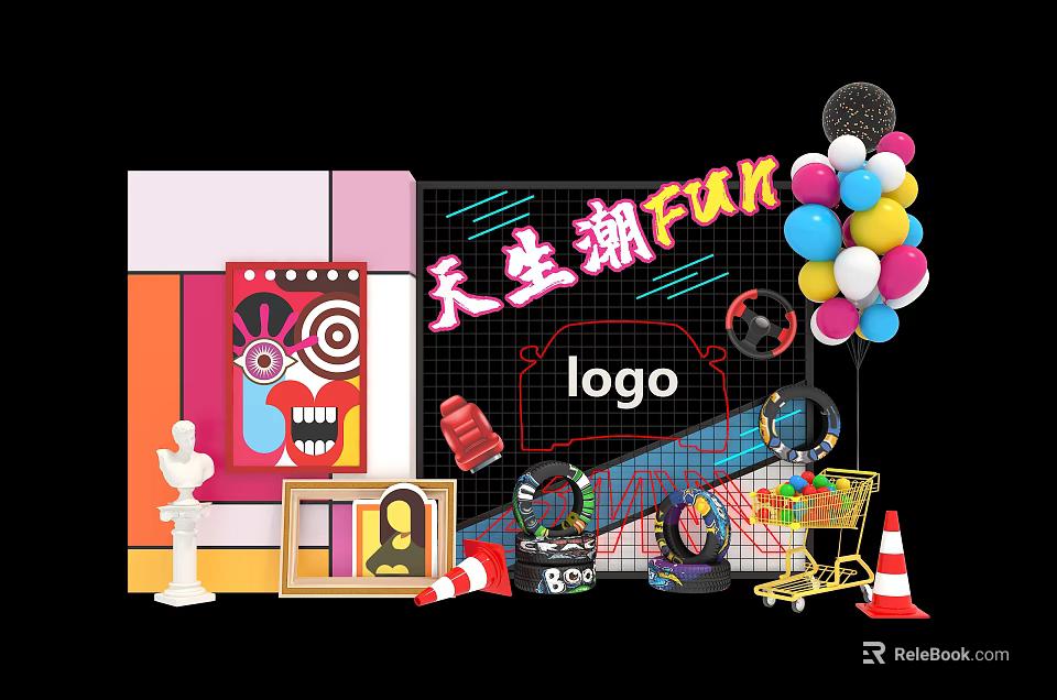 Trendy Fun Creative Display With Colorful Balloons Logo And Art Elements 3d model