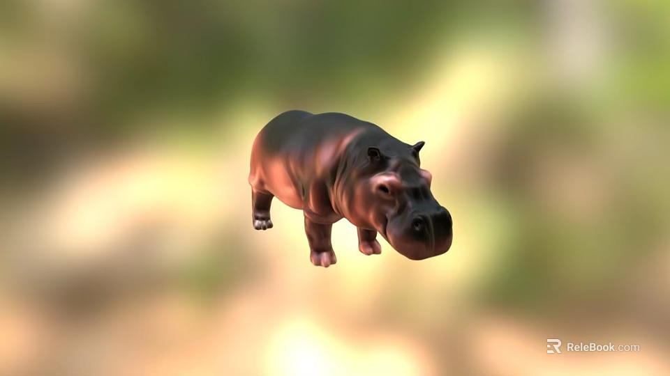 Realistic Black Hippopotamus Standing In Natural Green And Yellow Background 3d model 