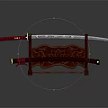 Traditional Japanese Katana Sword With Red Handle Wooden Stand And Carved Lotus Pattern