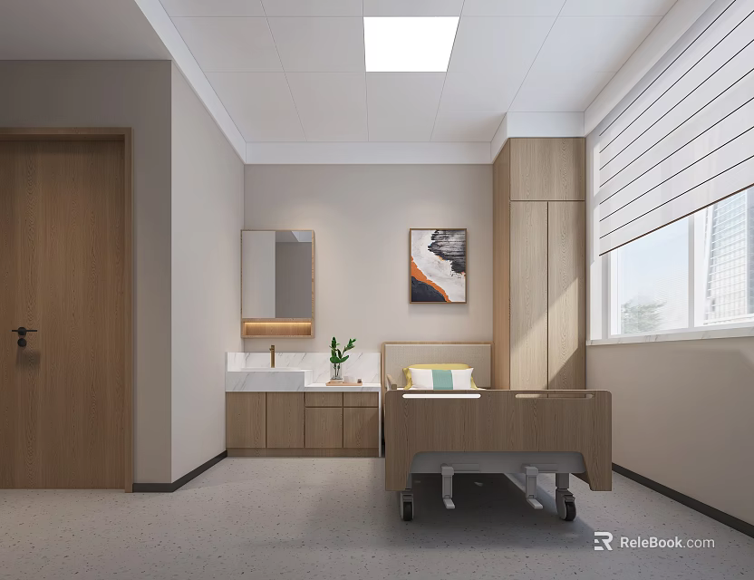Modern Hospital Room Interior With Wooden Bed Washbasin Mirror And Window 3d model 