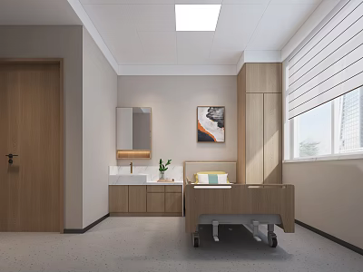 Modern Hospital Room Interior With Wooden Bed Washbasin Mirror And Window 3d model