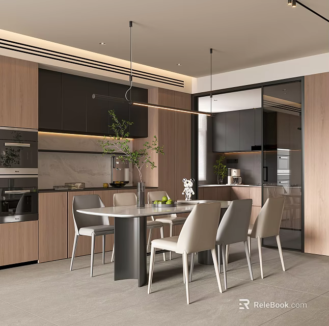 Modern Open Dining Room Interior With Wooden Cabinets Dining Table Chairs Plants And Pendant Lights 3d model 