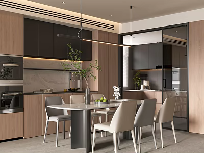 Modern Open Dining Room Interior With Wooden Cabinets Dining Table Chairs Plants And Pendant Lights 3d model