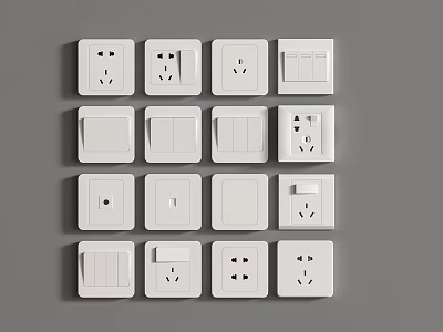 White Switch Panels With Various Styles Neatly Arranged On Gray Background 3d model