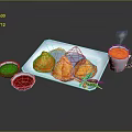 Crispy Fried Samosas Served On White Plate With Green Red And Orange Dips And Chilies