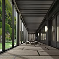 Contemporary Exhibition Hall Interior Featuring Symmetrical Pillars Display Cabinets Central Platform And Scenic Window View