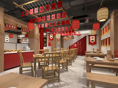 Hot Pot Restaurant Interior With Red Lanterns Wooden Tables Chairs And Chinese Decor 3d model