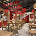 Hot Pot Restaurant Interior With Red Lanterns Wooden Tables Chairs And Chinese Decor