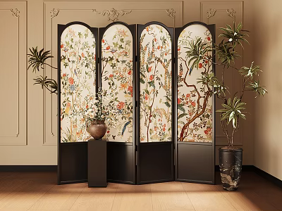 Traditional Decorative Screen With Intricate Floral Bird Patterns And Potted Plants 3d model