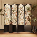 Traditional Decorative Screen With Intricate Floral Bird Patterns And Potted Plants