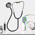 Essential Medical Devices with Stethoscope Infrared Thermometer Surgical Mask Syringe and Medicine Vial