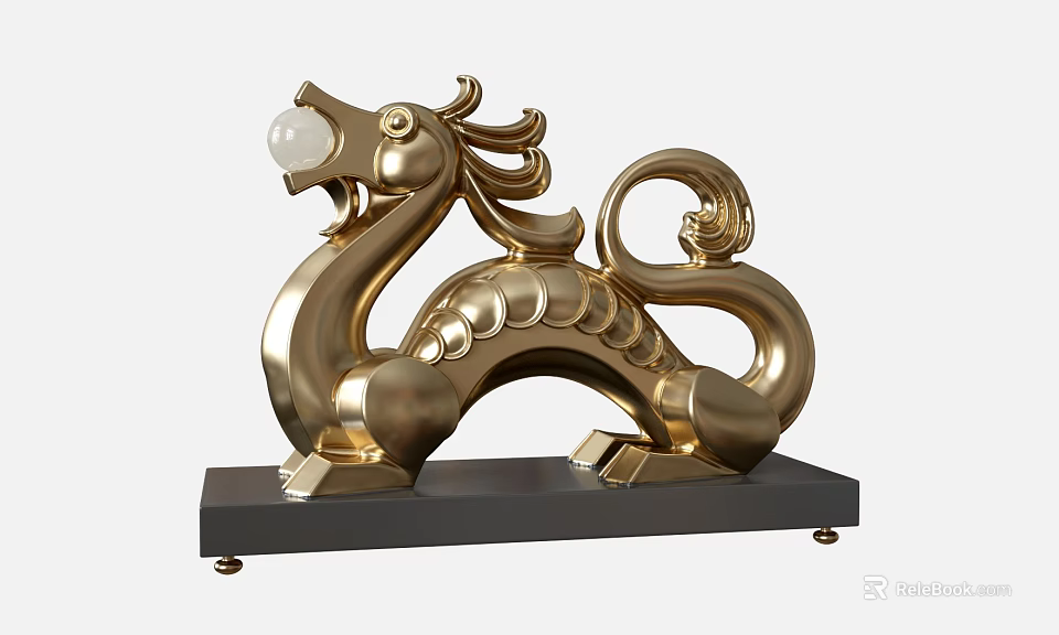 Golden Dragon Sculpture With Curled Tail And Glowing Orb On Black Base 3d model 