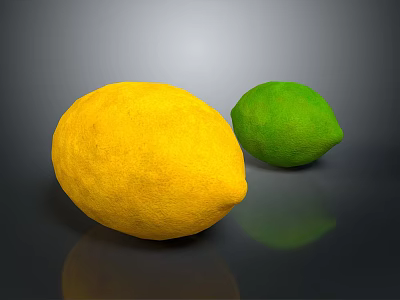 Fresh Ripe Yellow Lemon and Green Lime on Dark Surface with Reflection 3d model