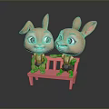 Cute Cartoon Rabbits Sitting On Pink Bench Wearing Blue Overalls With Adorable Expressions