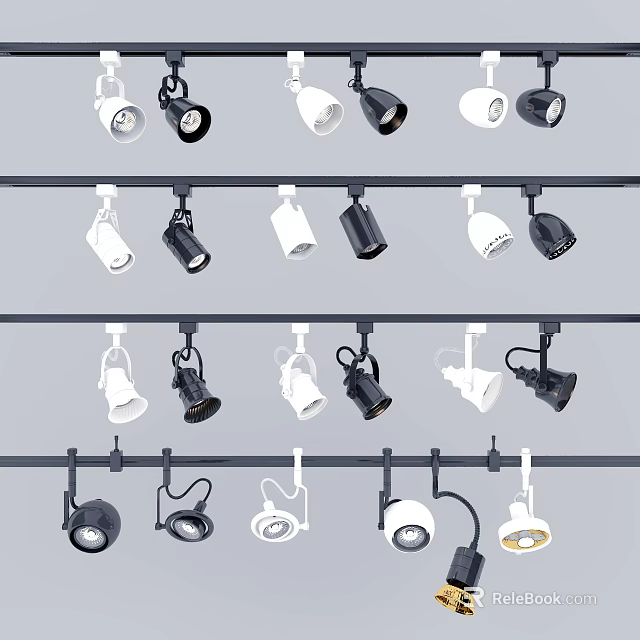 Various Black And White Downlights Spotlights With Track Mounted Design 3d model 