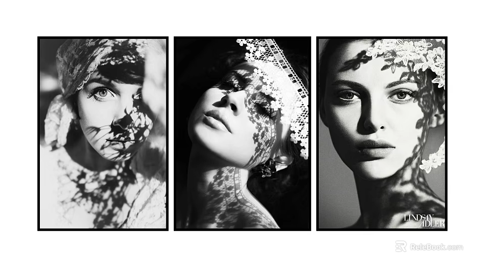 Three Black and White Portrait Wall Art with Leaf Patterns on Faces 3d model 