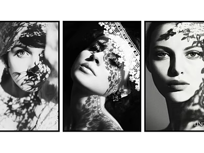 Three Black and White Portrait Wall Art with Leaf Patterns on Faces 3d model
