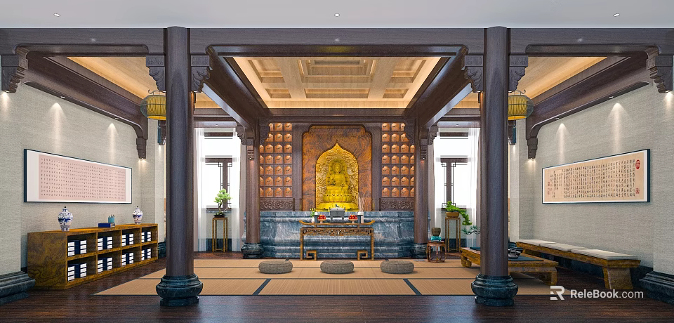 Traditional Buddhist Prayer Room Interior With Buddha Statue And Altar 3d model 