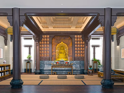 Traditional Buddhist Prayer Room Interior With Buddha Statue And Altar 3d model