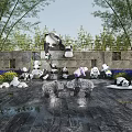 Panda Sculptures Outdoor Display With Bamboo Trees Stone Wall And Purple Flowers