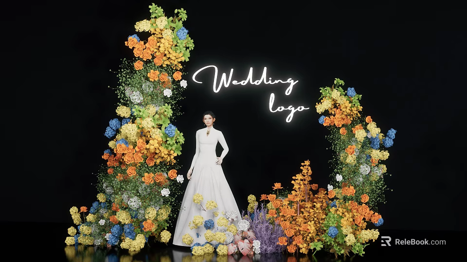Wedding Commercial Equipment Floral Arch Setup With Logo Display And Decorative Flowers 3d model 