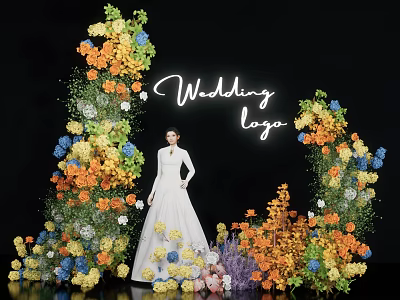 Wedding Commercial Equipment Floral Arch Setup With Logo Display And Decorative Flowers 3d model