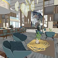 Modern Hotel Lobby Interior With Blue Armchairs Chandelier Decorative Painting And Sofa Seating