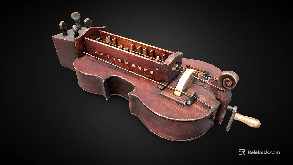 Vintage Wooden Mechanical Violin Shaped String Instrument With Tuning Knobs And Hand Crank 3d model