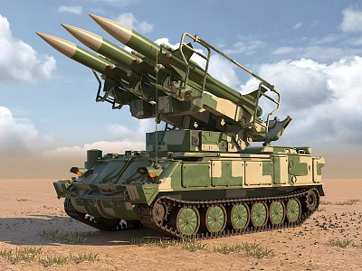 Military Tank With Missile Launcher In Desert Environment Under Cloudy Sky 3d model