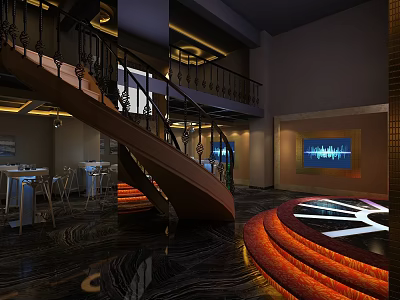 Stylish Bar Interior Design With Staircase Metal Railings And Circular Illuminated Floor 3d model