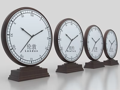 Classical Round Clocks with Roman Numerals London Athens Paris on Wooden Bases 3d model