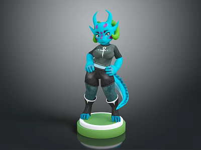 Blue Horned Game Movie Character With Green Hair And Black Outfit Standing On Green Base 3d model
