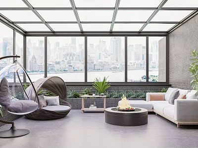Villa Balcony With Hanging Chairs Sofa Fire Pit And City View 3d model