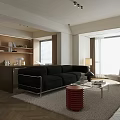 Modern Living Room Interior With Black Sofa Beige Chair Glass Coffee Table And Red Stool