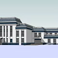 Modern Office Building Exterior Design With White Facade Blue Accents And Multiple Windows