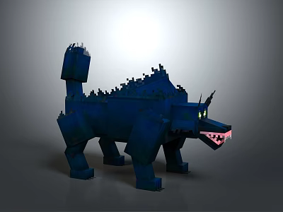 Blue Blocky Wolf Like Creature With Spiked Back And Glowing Green Eyes 3d model