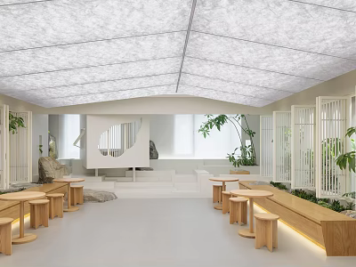 Modern Casual Lounge Area Featuring Wooden Benches Green Plants And White Lattice Partitions 3d model