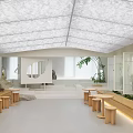 Modern Casual Lounge Area Featuring Wooden Benches Green Plants And White Lattice Partitions