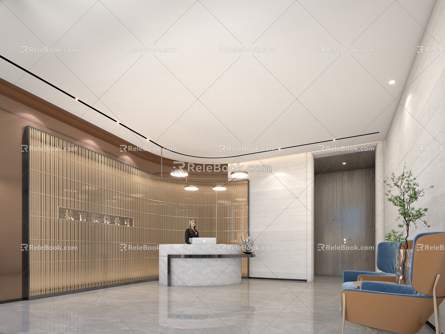 Modern office lobby service desk background wall 3d model