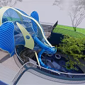 Outdoor Children's Play Area Featuring Blue Elephant Structure Spiral Slide And Green Trees