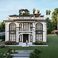 Two Story Detached Villa With White Exterior Lush Greenery Palm Trees Lawn And Driveway