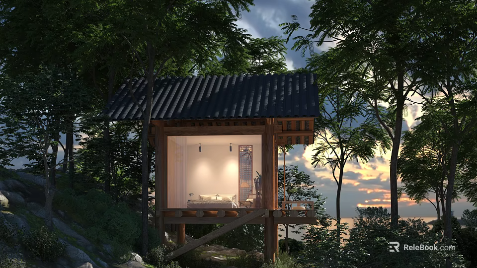 Wooden Guesthouse Building In Mountain Forest With Black Tiled Roof And Sunset View 3d model 