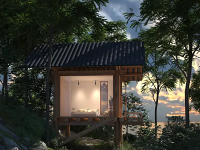 Wooden Guesthouse Building In Mountain Forest With Black Tiled Roof And Sunset View 3d model