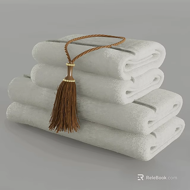 Soft Stacked White Towels With Brown Tassel Decoration For Household Daily Use 3d model 